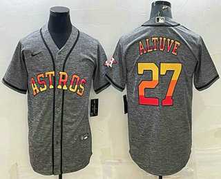 Mens Houston Astros #27 Jose Altuve Grey Gridiron With Patch Cool Base Stitched Baseball Jersey